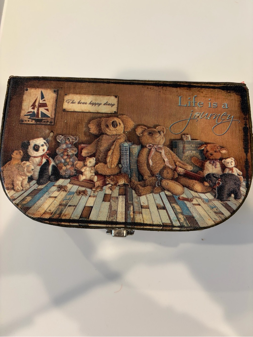 Vintage Life Is a Journey Teddy Bear Canvas trinket box - Brown
